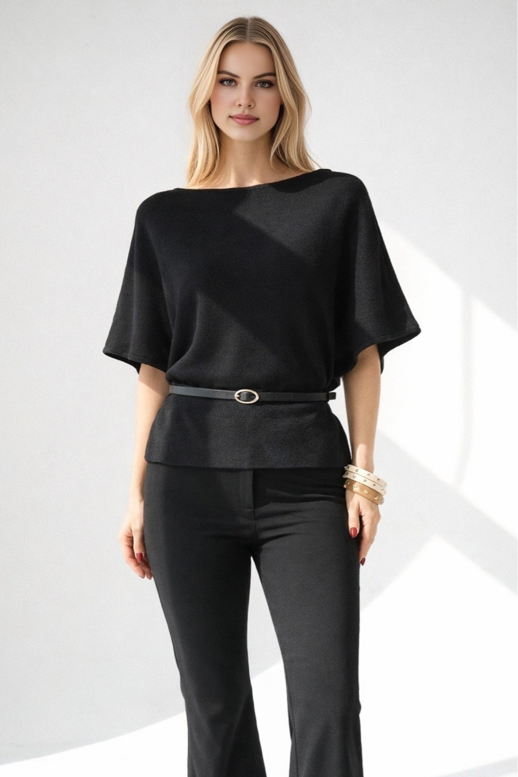 Kadın Kayık Yaka Kemer Detaylı Bluz