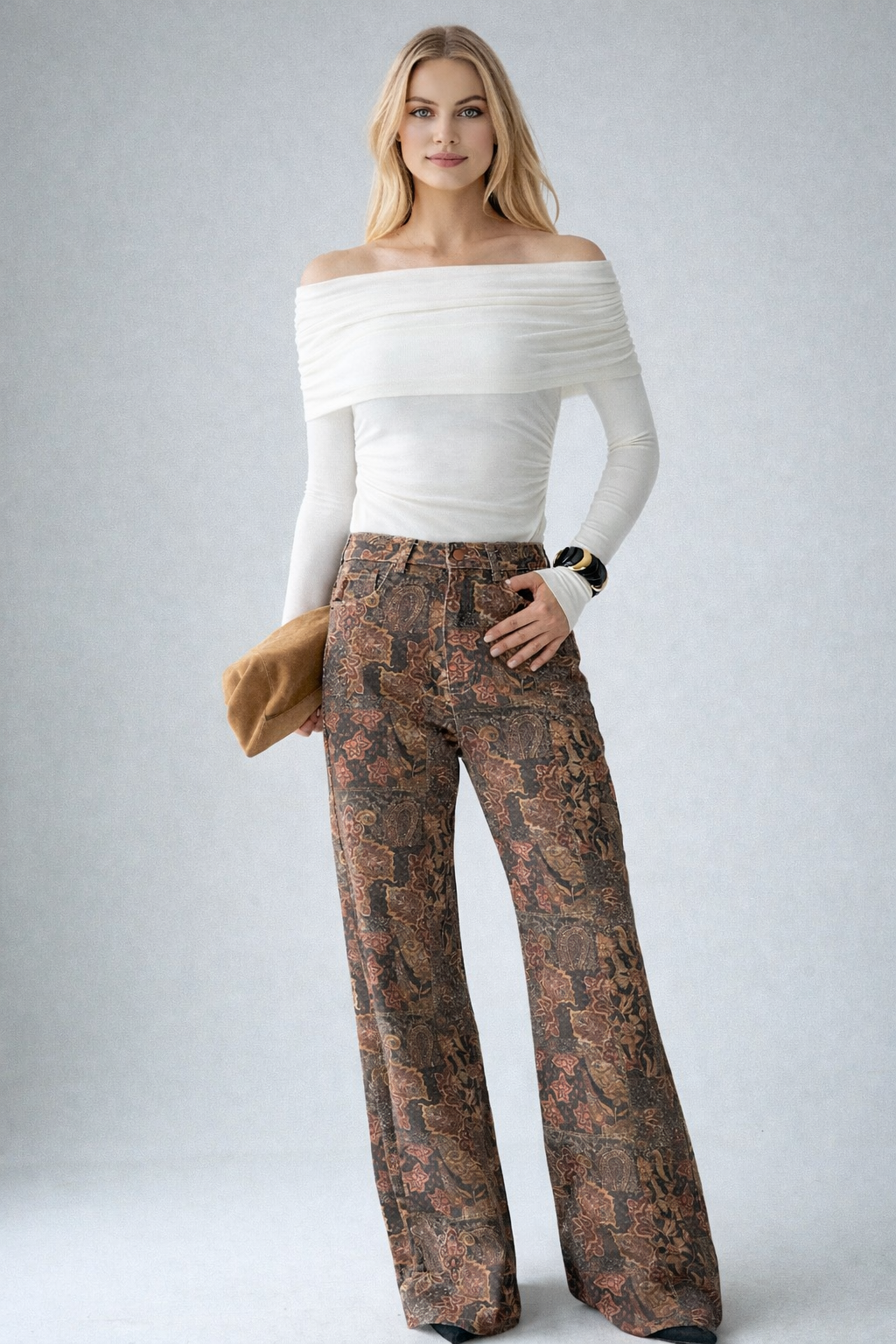 Kadın Bordo Etnik Desenli İspanyol Paça Denim Pantolon