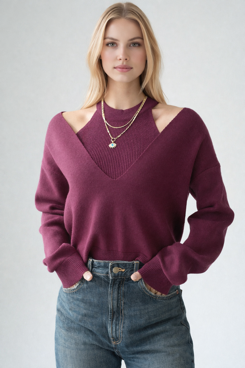 Kadın Mürdüm Yırtmaç Detaylı İkili V Yaka Kazak